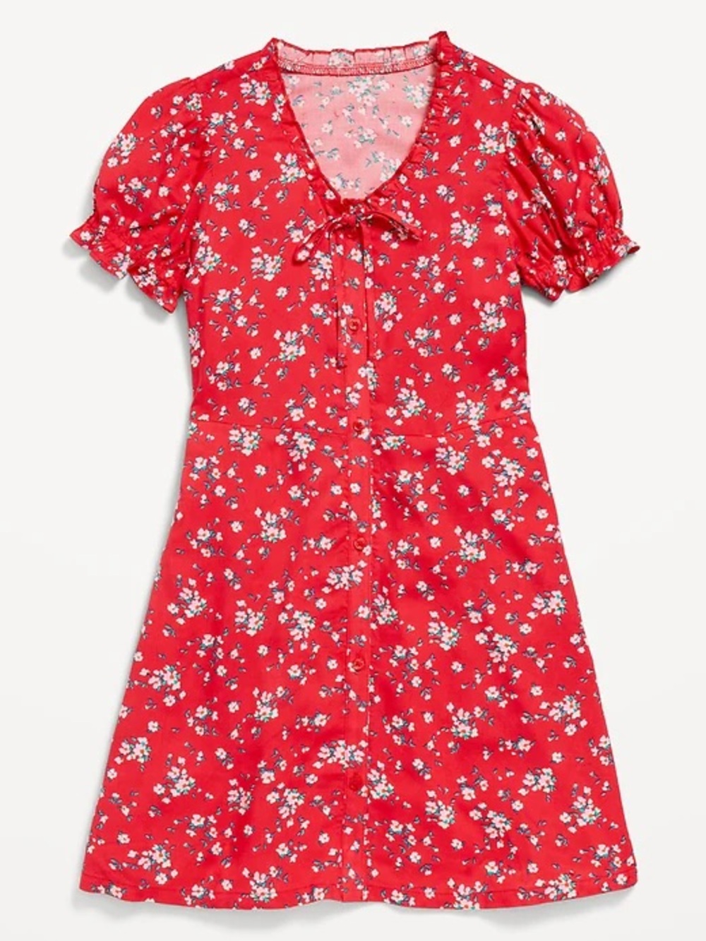 Old Navy Button Front Fit & Flare Dress Girls XS 5 Red Floral Puff Sleeve